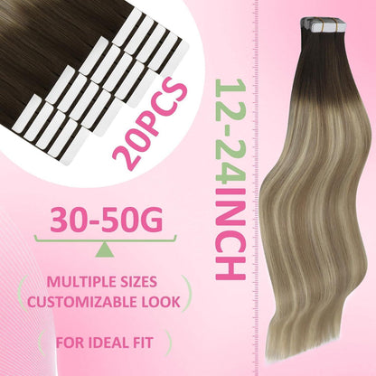 Echthaar Tape Extensions Balayage Braun Blond 40cm