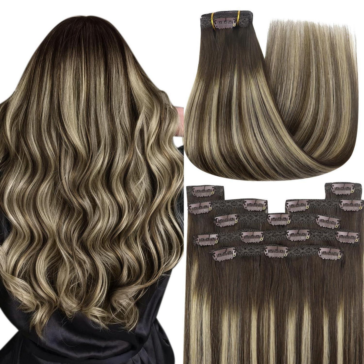Clip-in Echthaar Extensions Ombre Dunkelbraun-Aschblond 45cm
