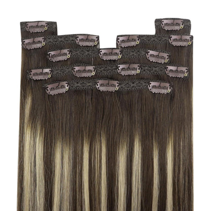 Clip-in Echthaar Extensions Ombre Dunkelbraun-Aschblond 45cm