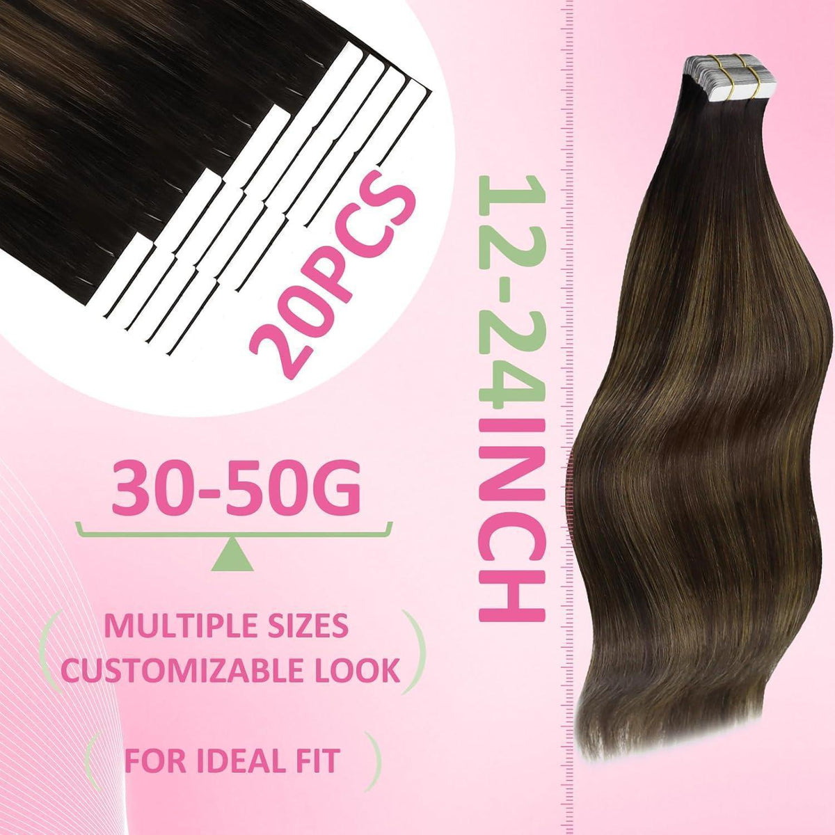 Echthaar Tape Extensions Ombre Dunkelbraun Mittelbraun 45cm