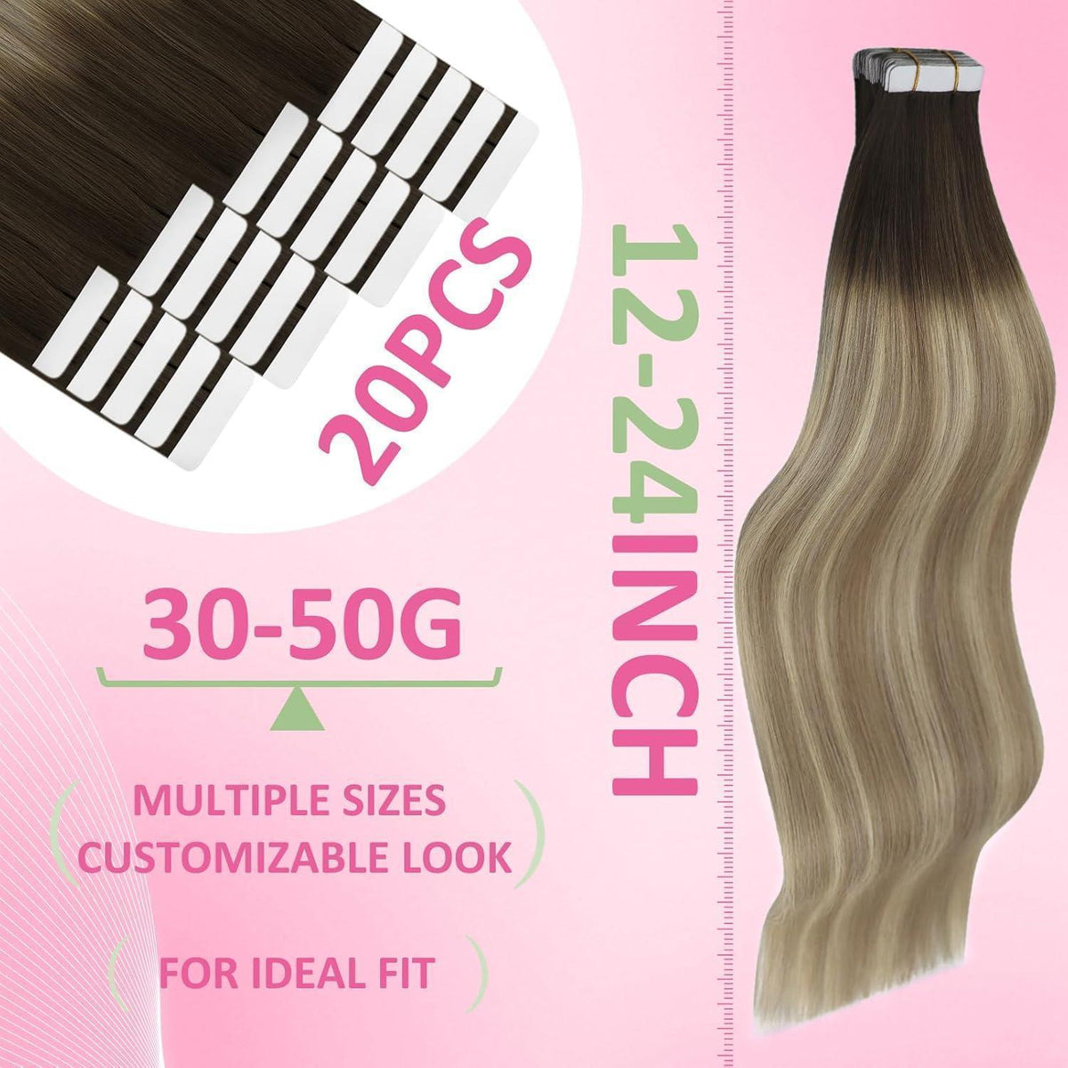 Echthaar Tape Extensions Balayage Braun Blond 45cm