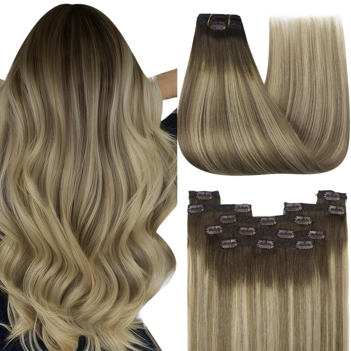 Clip-in Echthaarverlängerung Braun Balayage Blond 40cm
