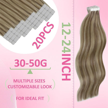 Echthaar Tape Extensions Hellbraun 55cm Gerade