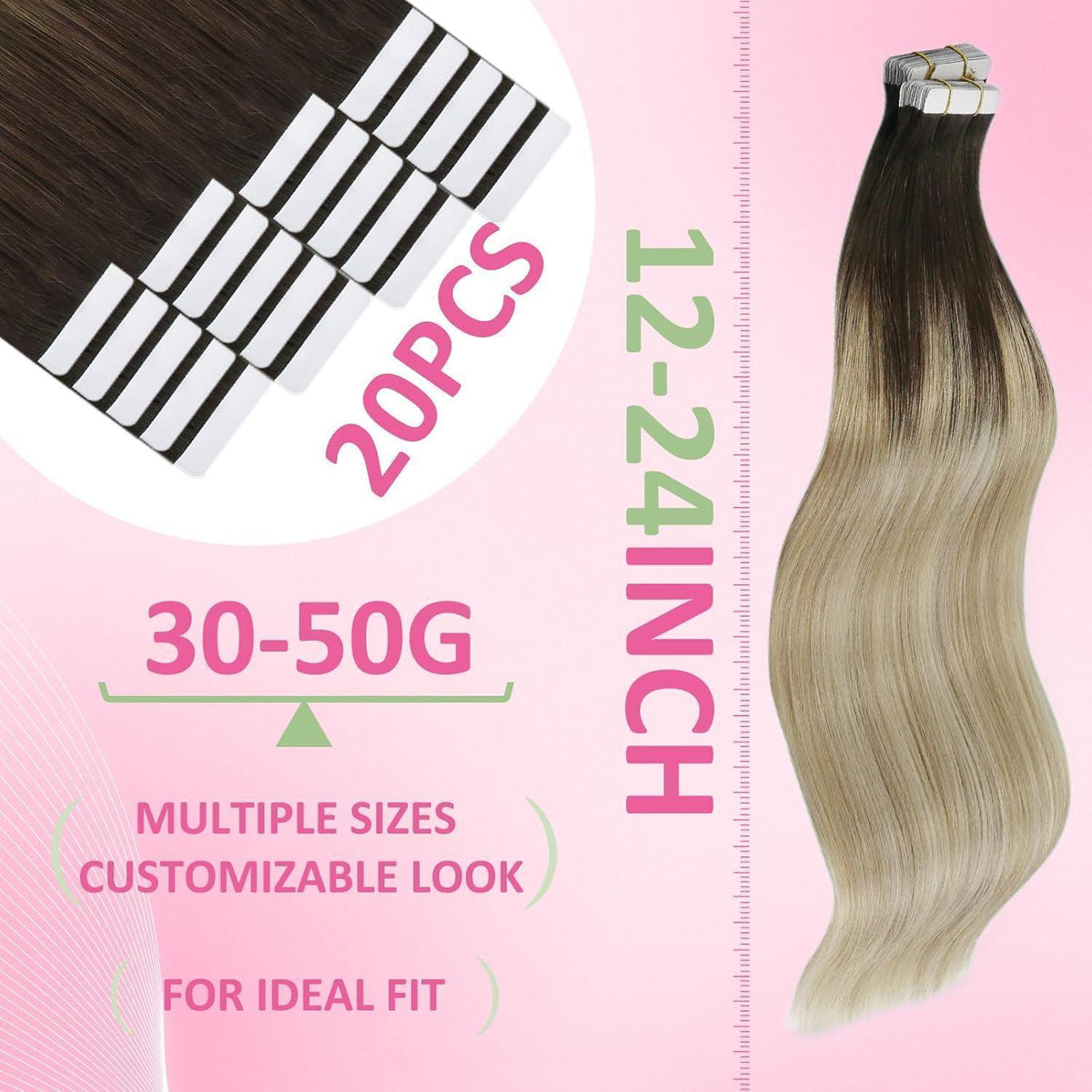Echthaar Tape Extensions Balayage Dunkelbraun Ombre 40cm