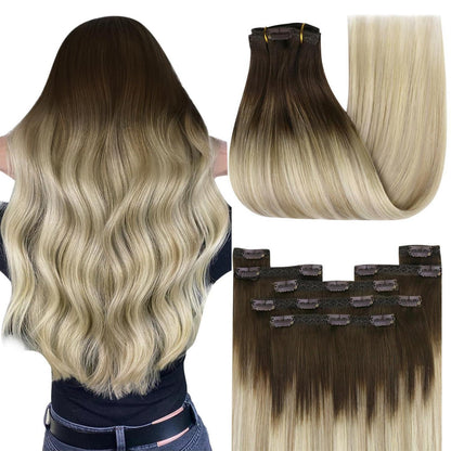 Echthaar Clip-in Extensions Balayage Blond Dunkelbraun 45cm