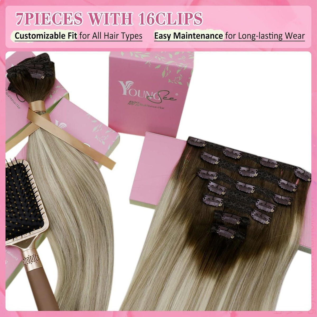 Echthaar Clip-in Extensions Balayage Blond Dunkelbraun 45cm