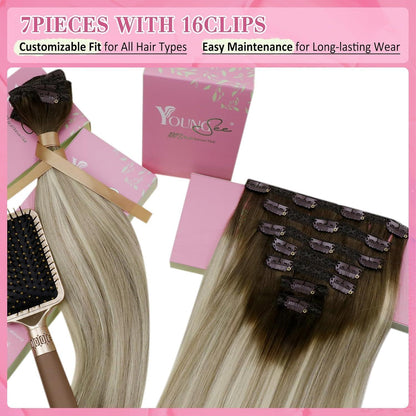 Echthaar Clip-in Extensions Balayage Blond Dunkelbraun 45cm