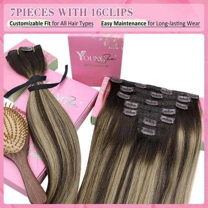 Clip-in Echthaar Extensions Ombre Dunkelbraun Blond 35cm