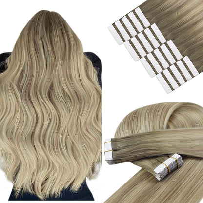 Echthaar Tape Extensions Ombre Aschblond Platinblond 35cm