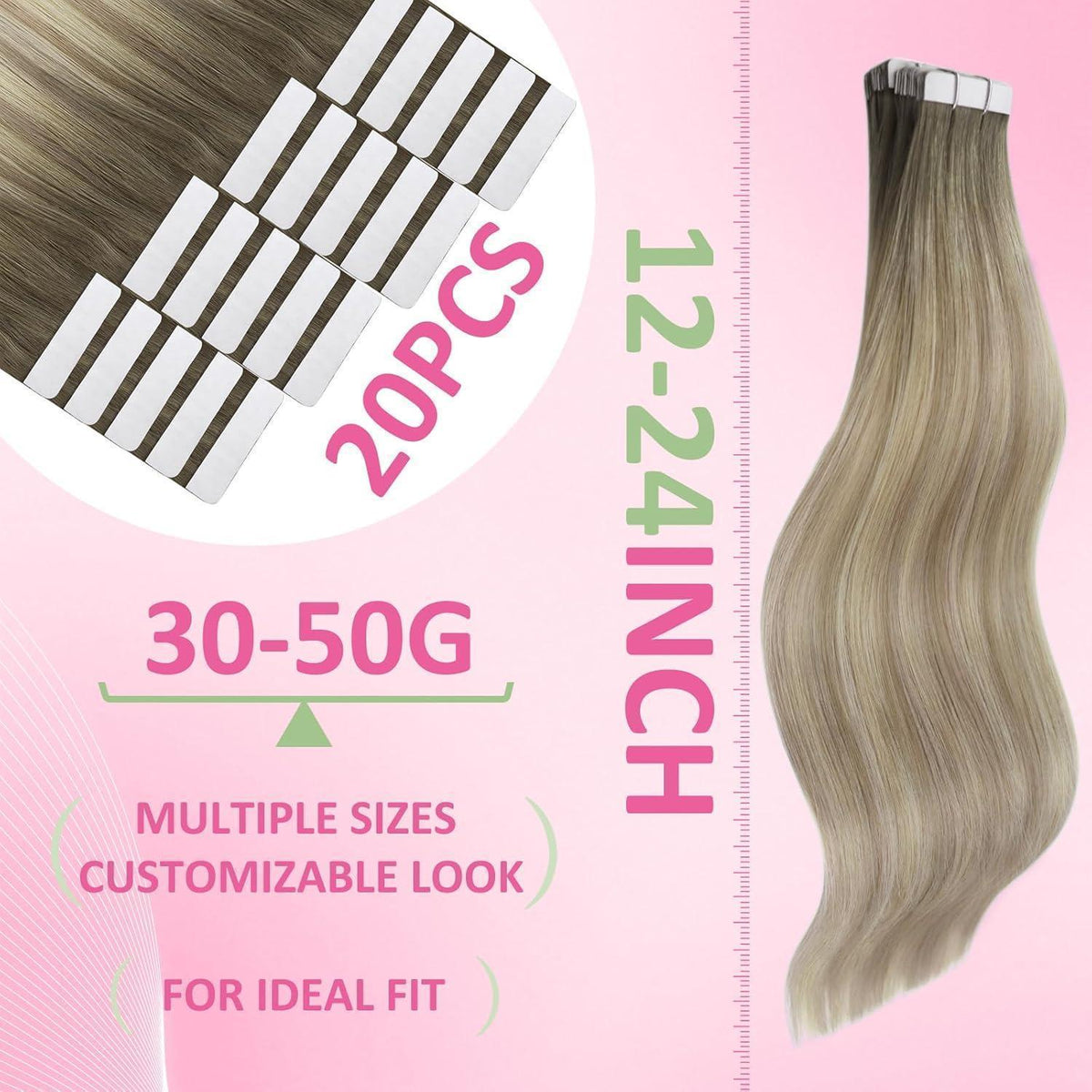 Echthaar Tape Extensions Ombre Aschblond Platinblond 35cm