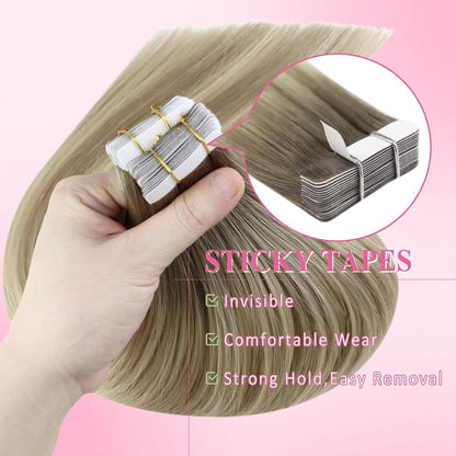 Echthaar Tape Extensions Ombre Aschblond Platinblond 35cm