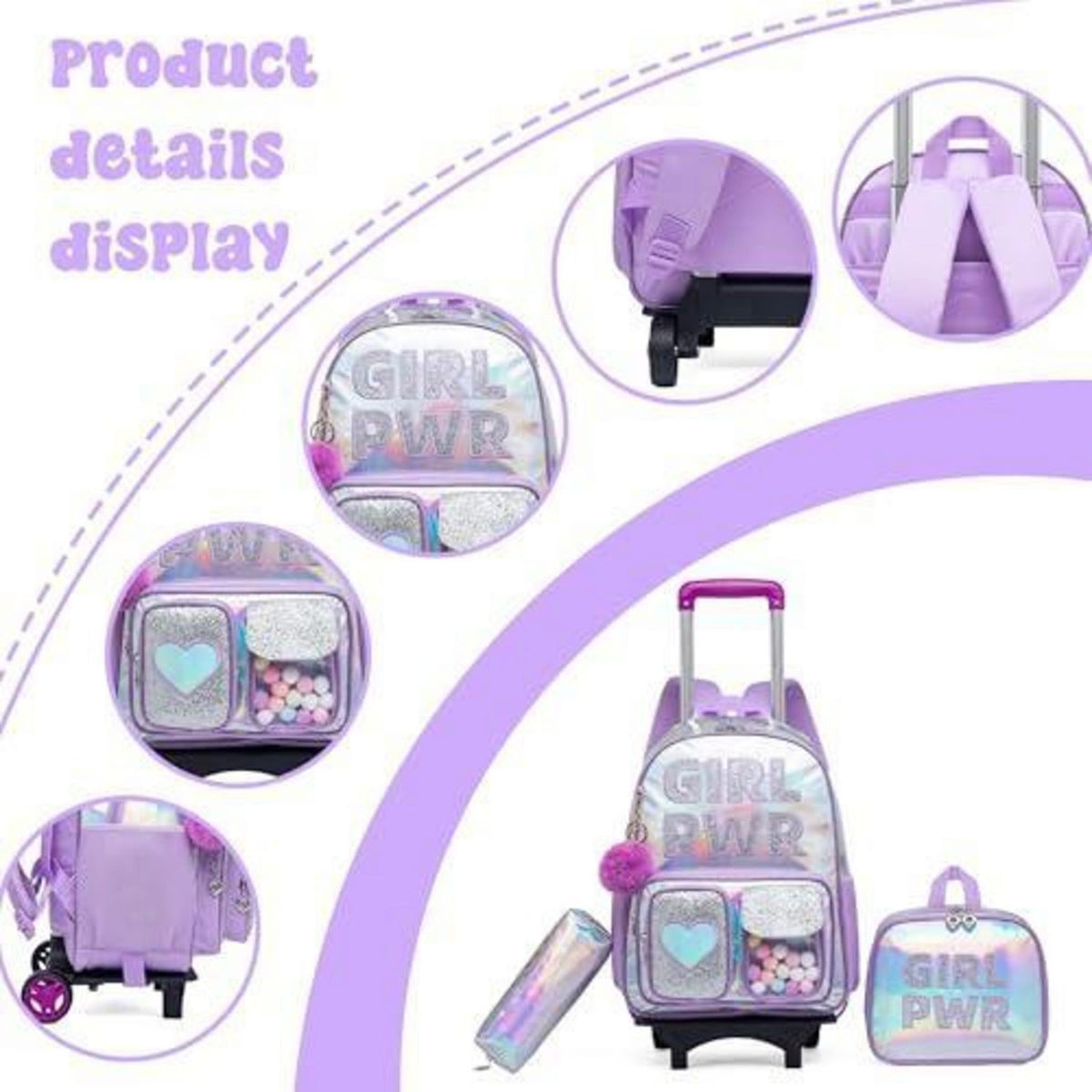 Trolley Rucksack Mädchen Lila – 3in1 Schultasche mit Rollen & Zubehör