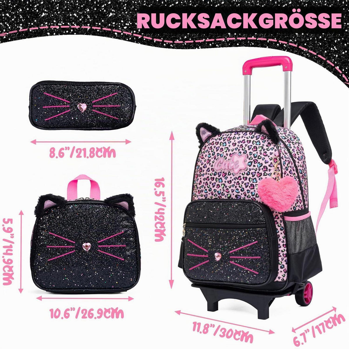 Trolley Schulranzen Mädchen – Rucksack mit Rollen Schwarz Rosa Katzen