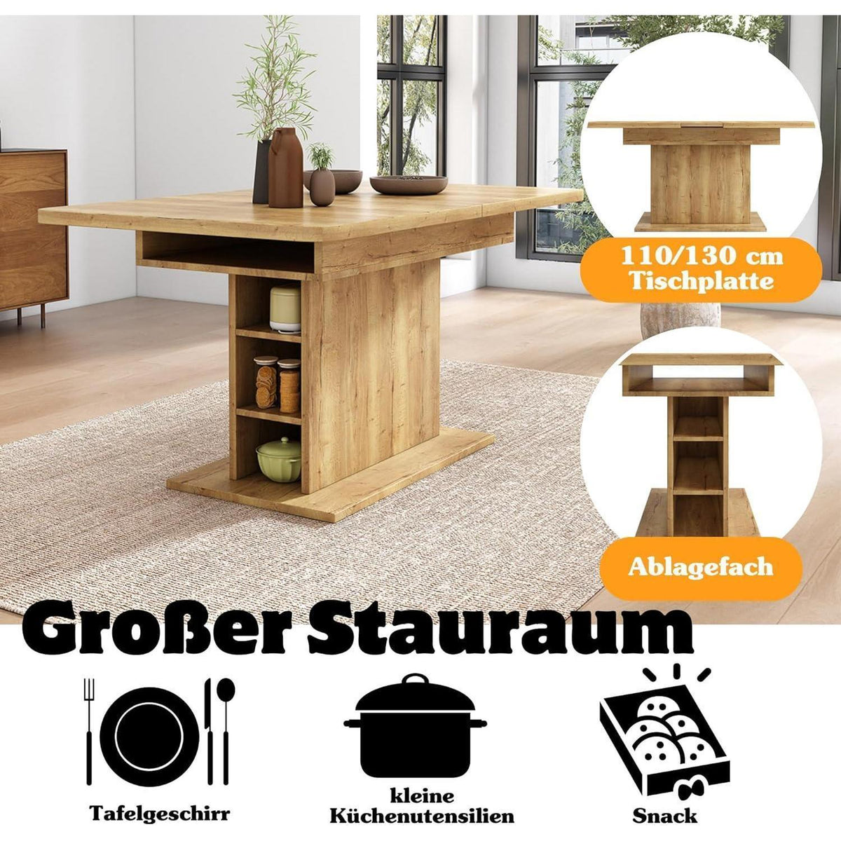 Ausziehbarer Esstisch mit Ablage – Rechteckiger Küchentisch für 4-6 Personen
