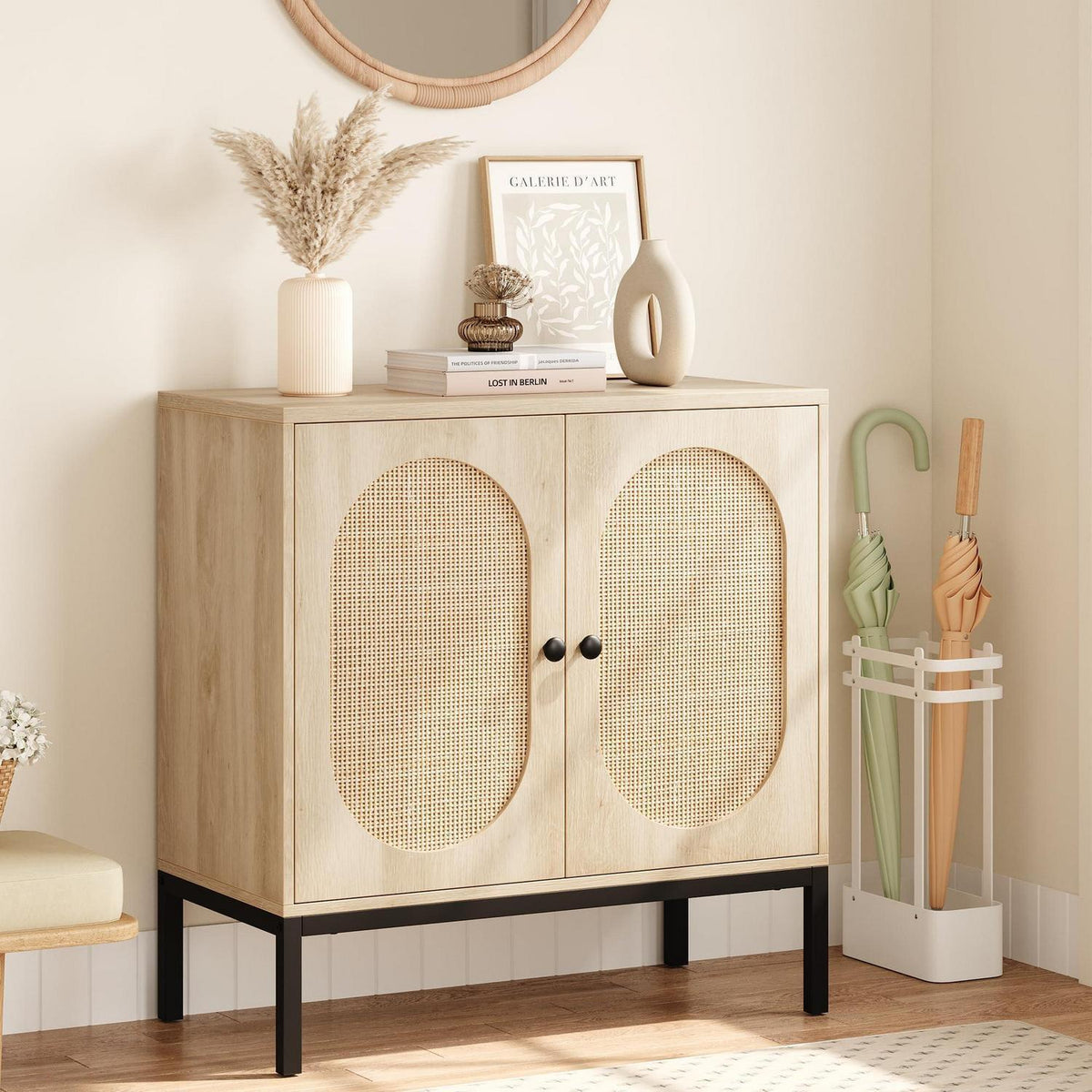 Rattan Sideboard mit 2 Türen & Verstellbarem Regal – Küchenschrank 80x40x83cm