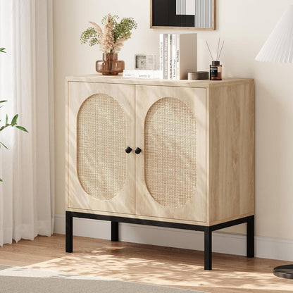 Rattan Sideboard mit 2 Türen & Verstellbarem Regal – Küchenschrank 80x40x83cm