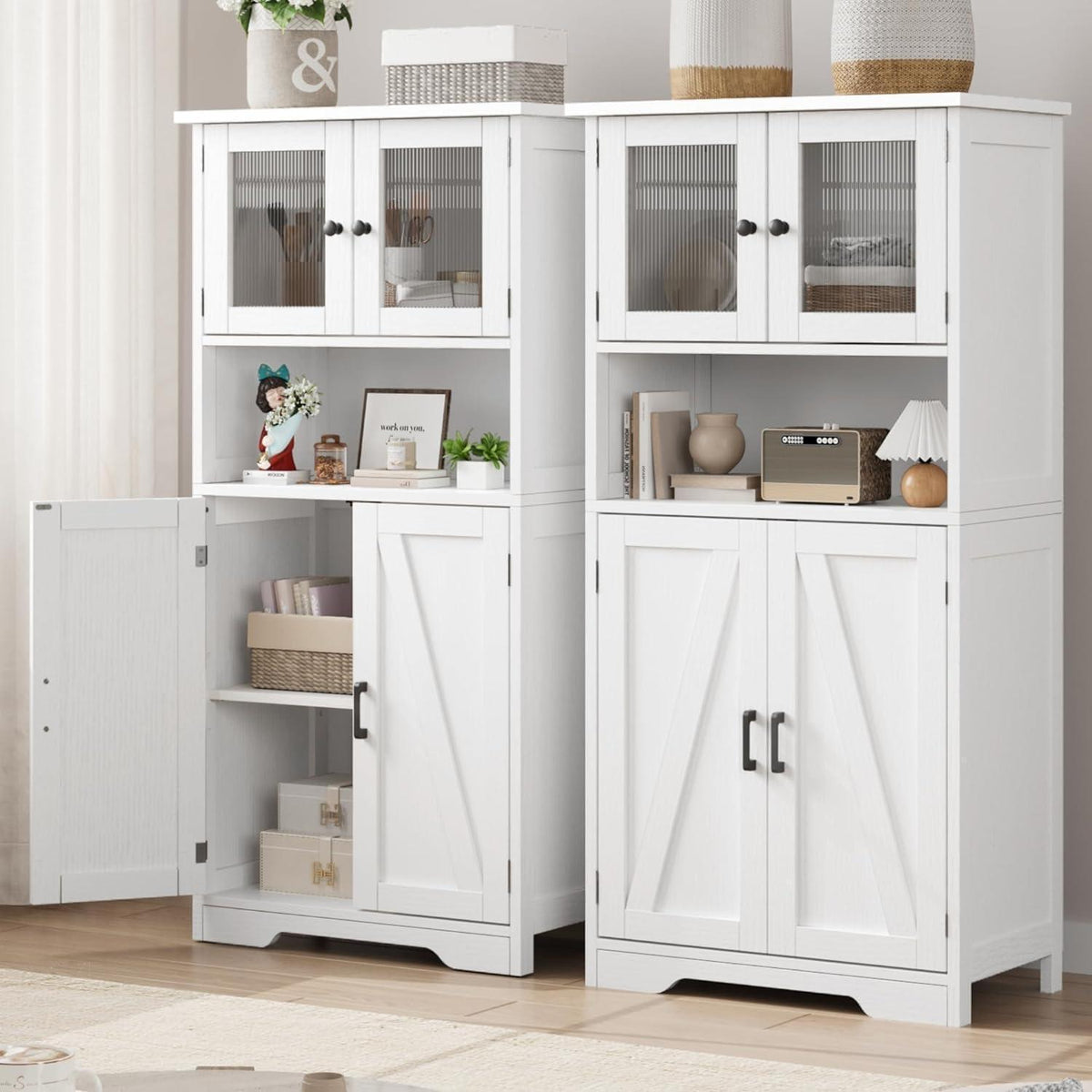 Weißer Hochschrank mit Glastüren & Regalen – 60x30x128cm