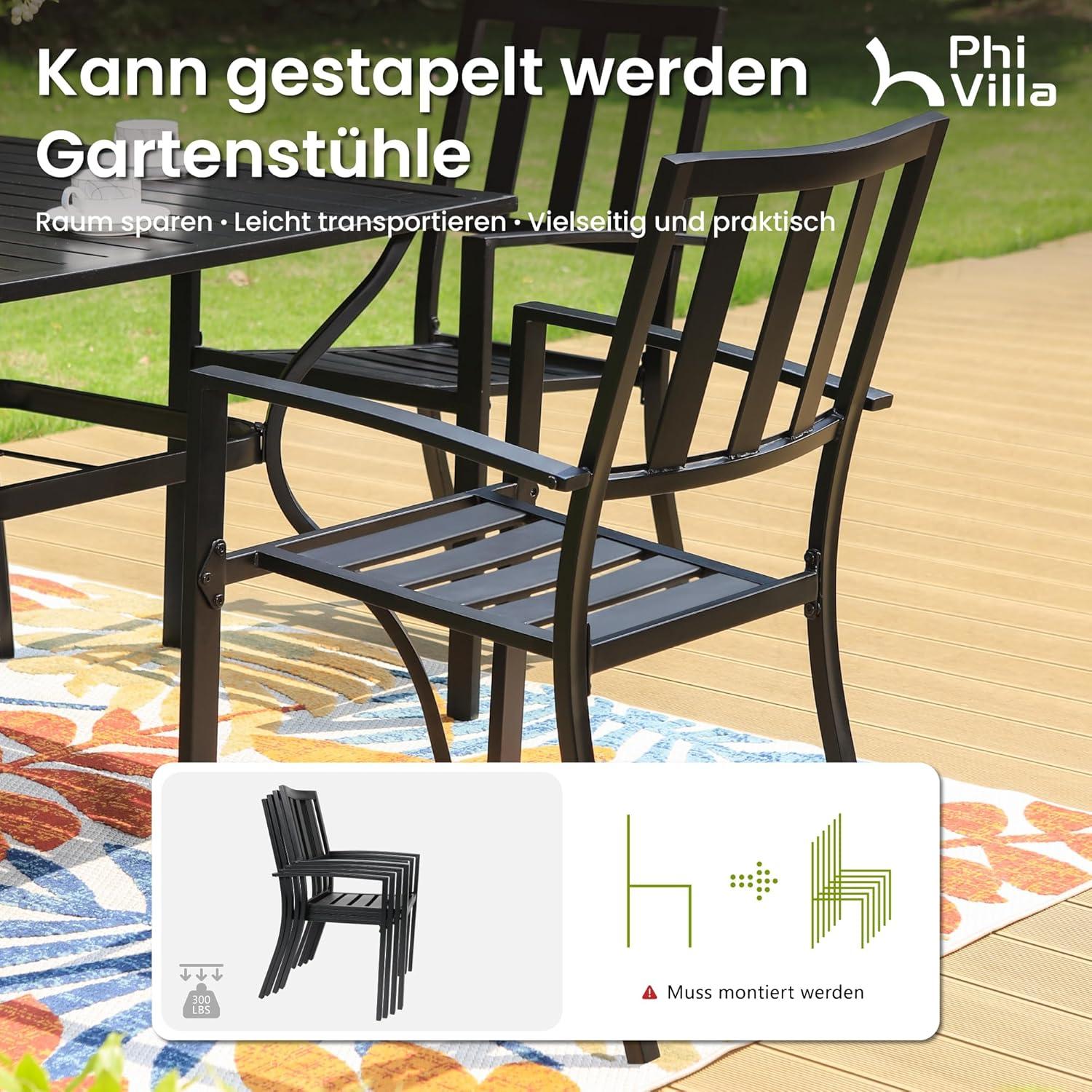 Gartenmöbel Set 6 Personen stapelbare Stühle Tisch wetterfest Metall