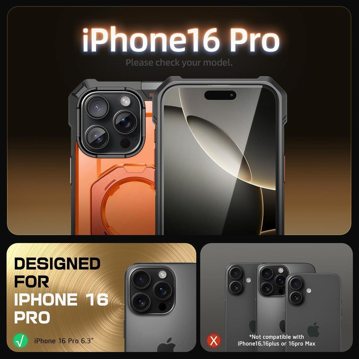 iPhone 16 Pro Hülle mit Ständer, MagSafe, robust, Magma