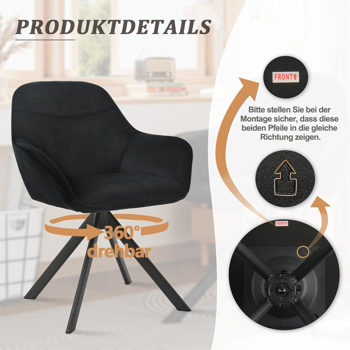 Drehbarer Esszimmerstuhl Set Schwarz – Samt, Armlehne & 360°