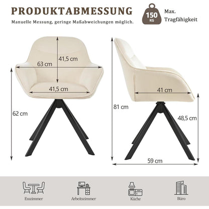 Drehbarer Esszimmerstuhl mit Armlehnen, Samt, 2er Set, Cremeweiß