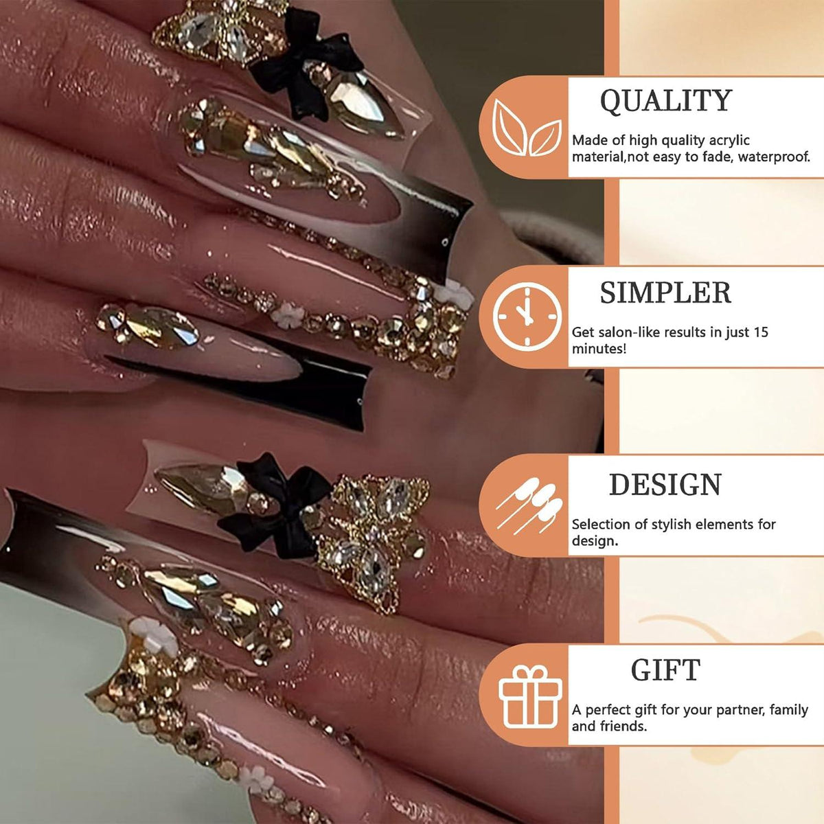 Lange Press on Nägel Schwarz mit Gold Glitzer Spitze 3D Schmetterlings-Design 24 Stück