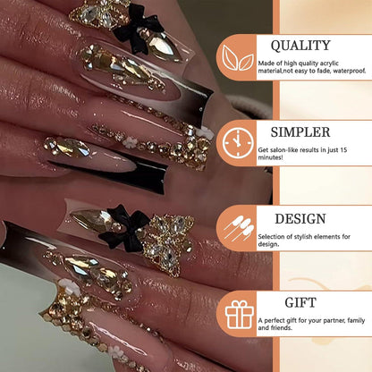 Lange Press on Nägel Schwarz mit Gold Glitzer Spitze 3D Schmetterlings-Design 24 Stück