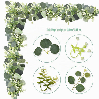 2x Eukalyptus Girlande 180cm – Grüne Blätter & Blüten Deko