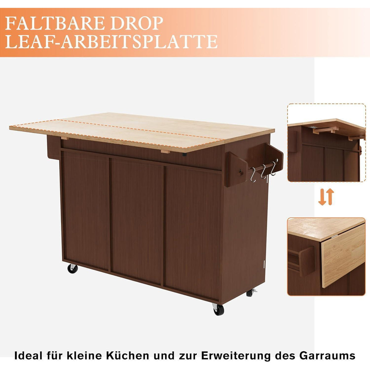 Rollende Kücheninsel mit abklappbarer Arbeitsplatte & Stauraum