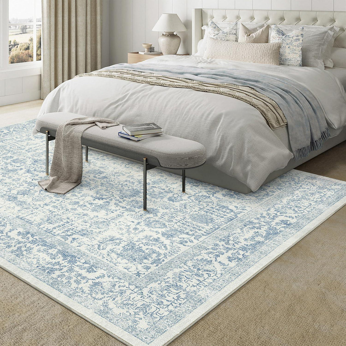 Vintage Teppich Blau 240x300cm Waschbar – Wohnzimmer Teppich