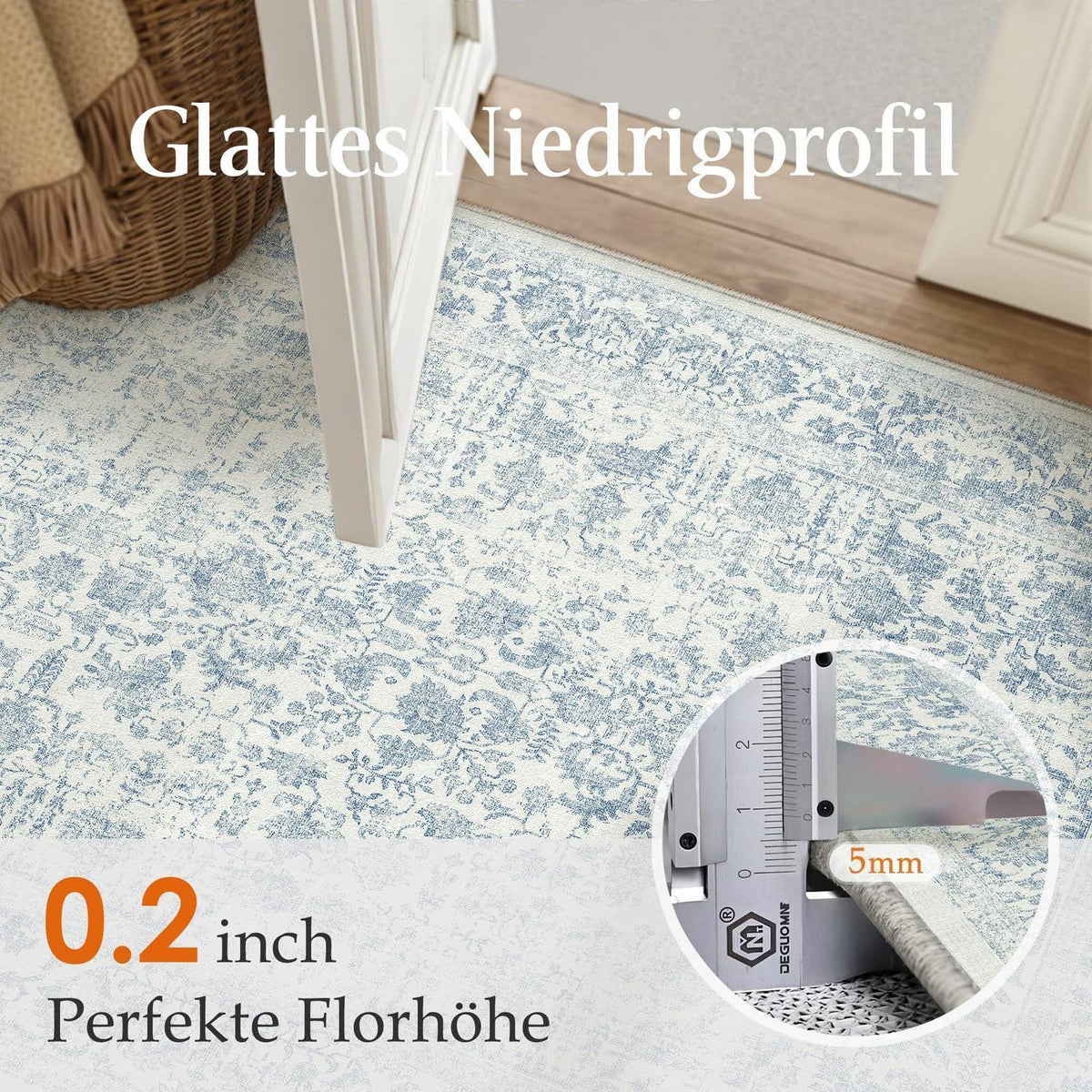 Vintage Teppich Blau 240x300cm Waschbar – Wohnzimmer Teppich