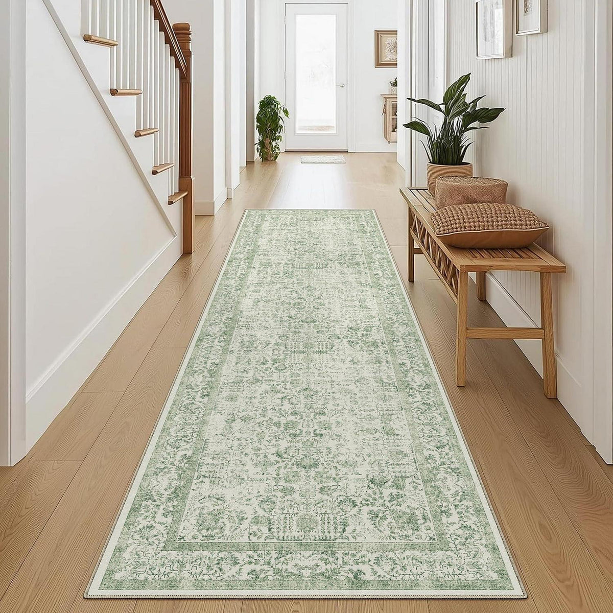 Vintage Grün Läufer Teppich 60x240cm Waschbar Flur