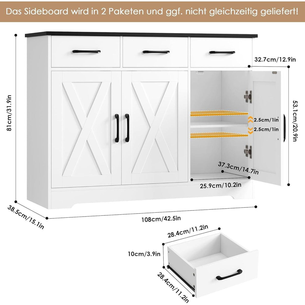 Sideboard mit Schubladen & Türen – Küchenschrank Weiß & Schwarz