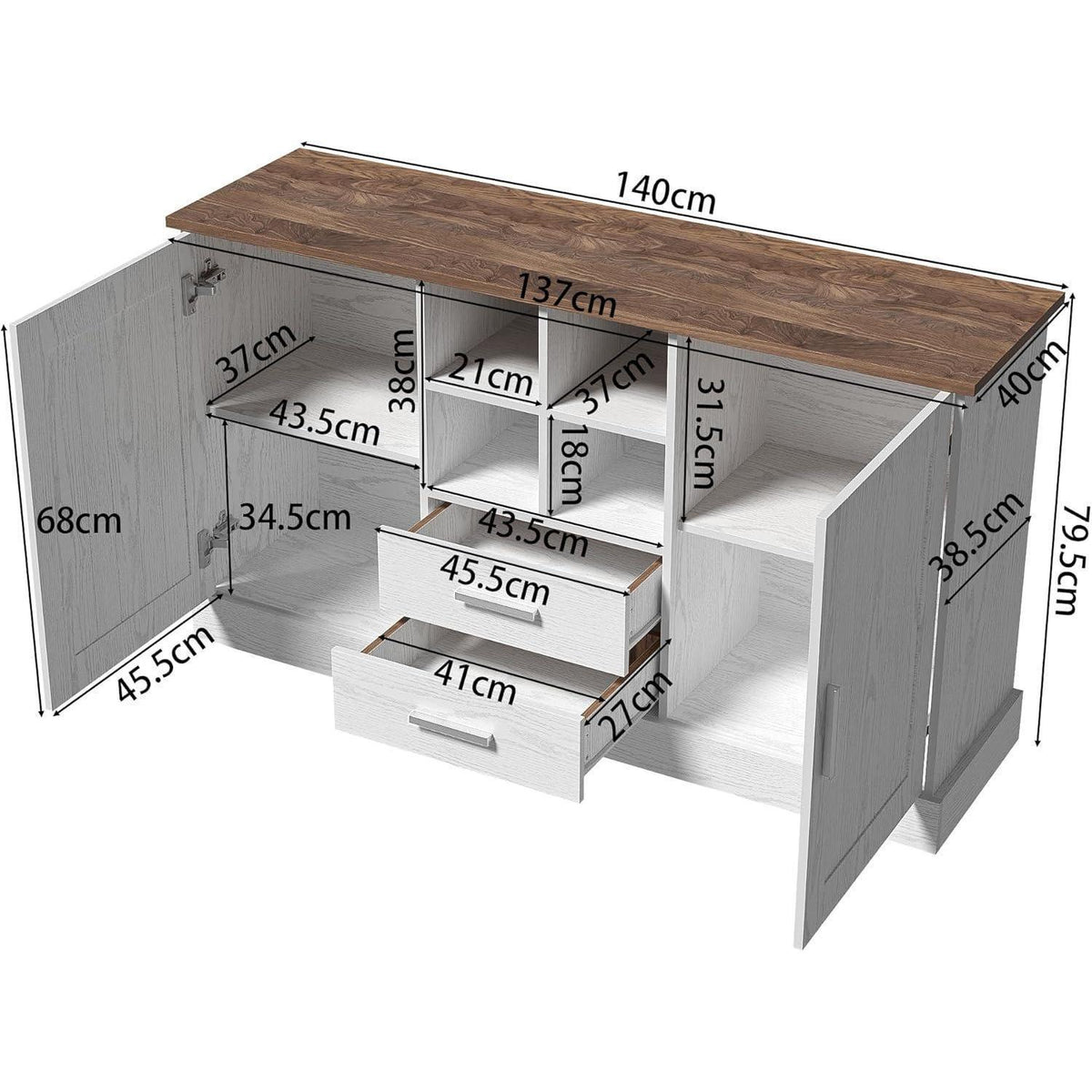 Weißes Sideboard mit 4 Regalen & 2 Schubladen – 140x40x79,5 cm
