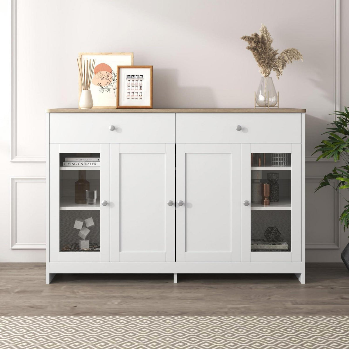 Weißes Sideboard mit Glastüren & Schubladen – 120x37x80cm