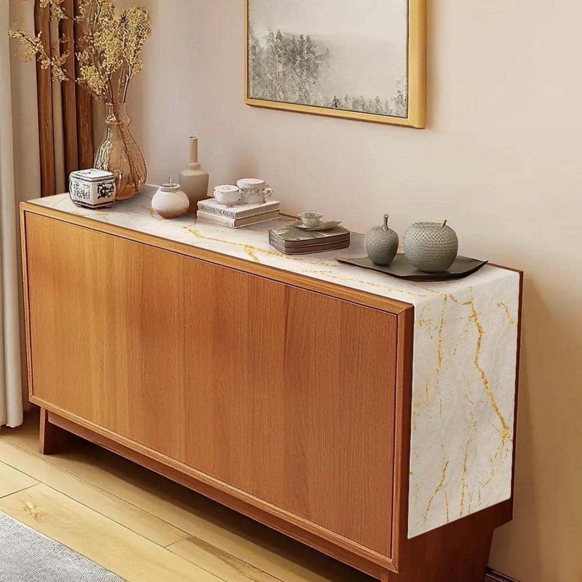 Moderner Tischläufer Leinen Weiß Gold 40x180 cm Marmor Optik