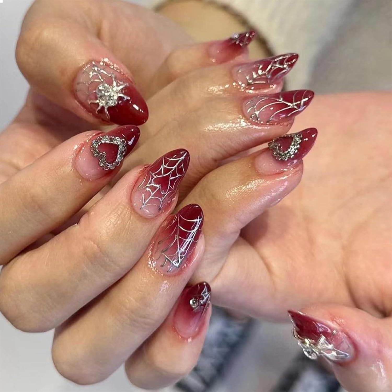 Press on Nails Red Gradient 3D Spider Heart Design 24 Stück