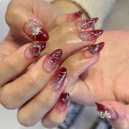 Press on Nails Red Gradient 3D Spider Heart Design 24 Stück