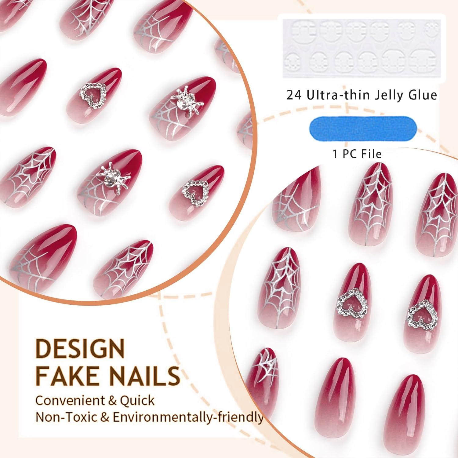 Press on Nails Red Gradient 3D Spider Heart Design 24 Stück