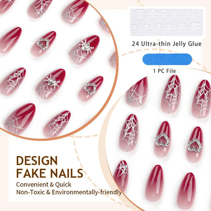 Press on Nails Red Gradient 3D Spider Heart Design 24 Stück