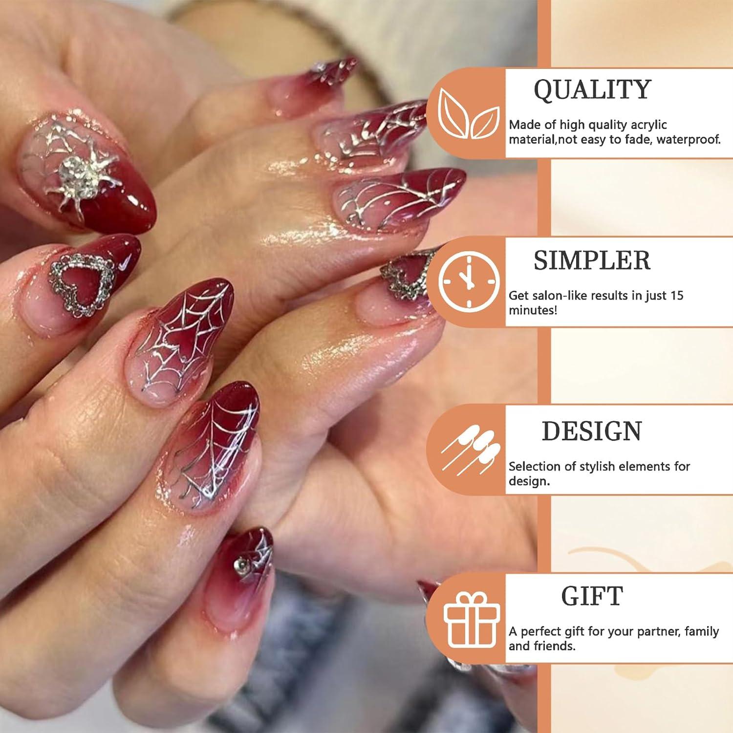 24 Fake Nails Red Gradient Glue Ons Stiletto Rhinestone 3D Spider Heart Design
