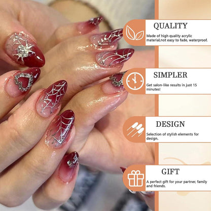 24 Fake Nails Red Gradient Glue Ons Stiletto Rhinestone 3D Spider Heart Design