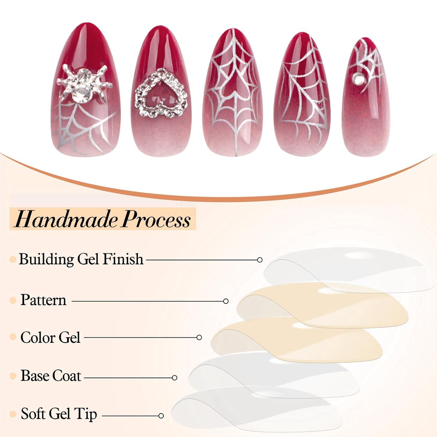 24 Stk. Mittel-Mandel Rot 3D Spinne Herz Acryl Nagel Stiletto Straß Handgemacht
