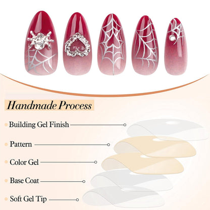 24 Stk. Mittel-Mandel Rot 3D Spinne Herz Acryl Nagel Stiletto Straß Handgemacht