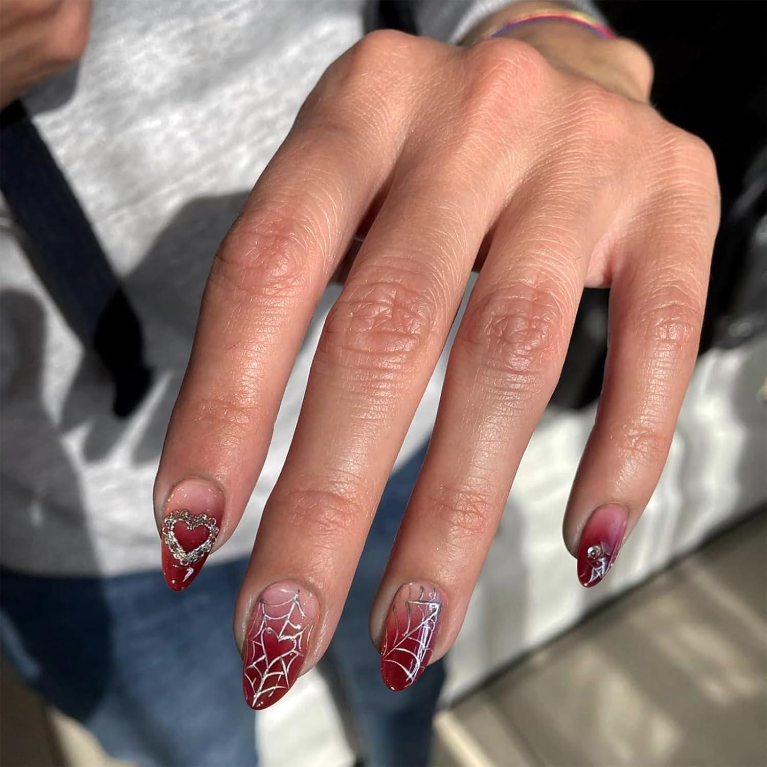 Nagel-Ons Mittel Mandel Rot Verlauf 3D Spider Herz Design Acrylnägel