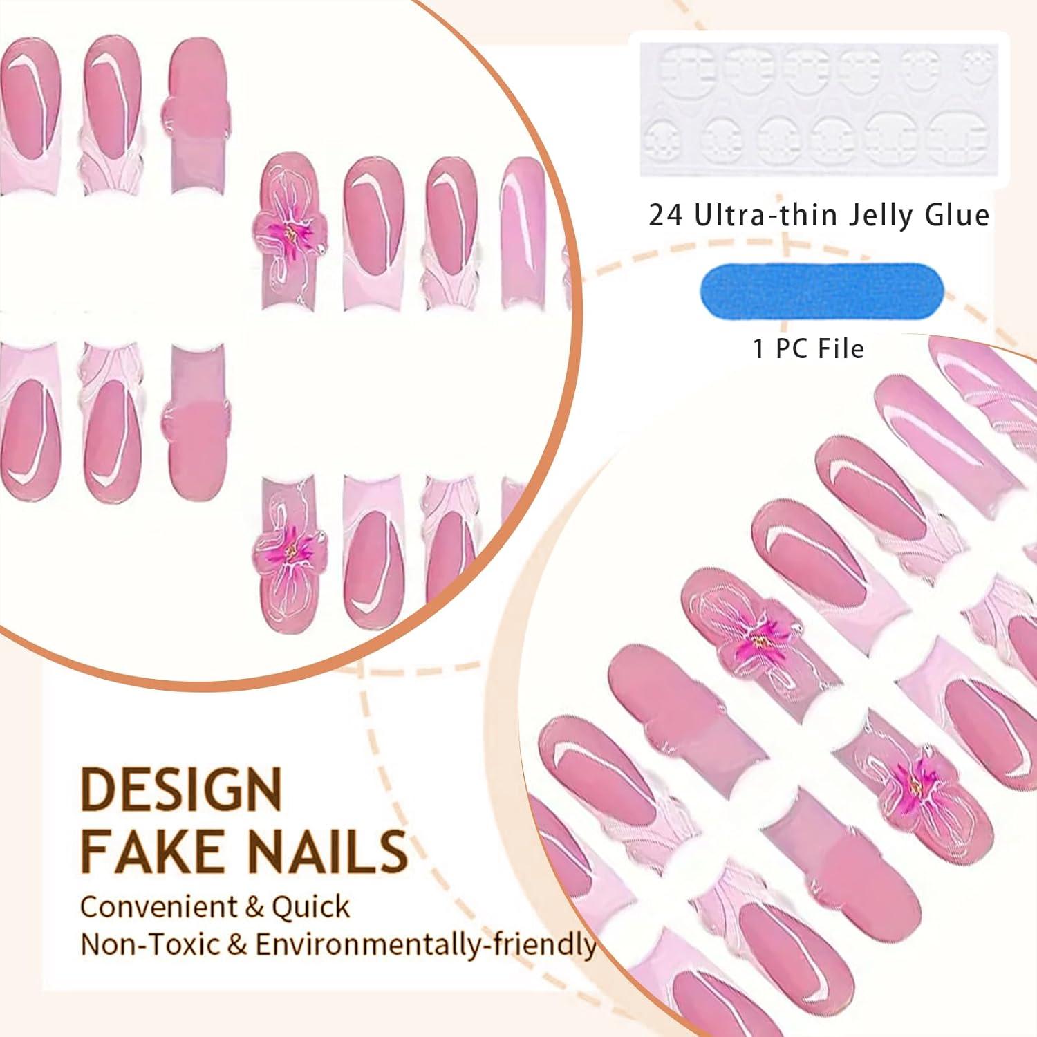 24 Stück Rosa Quadratische 3D Acrylnägel Mittel Vollüberdeckung