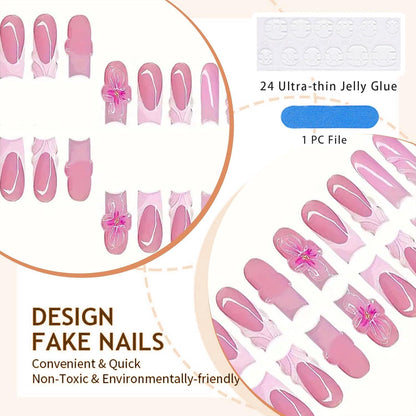 24 Stück Rosa Quadratische 3D Acrylnägel Mittel Vollüberdeckung