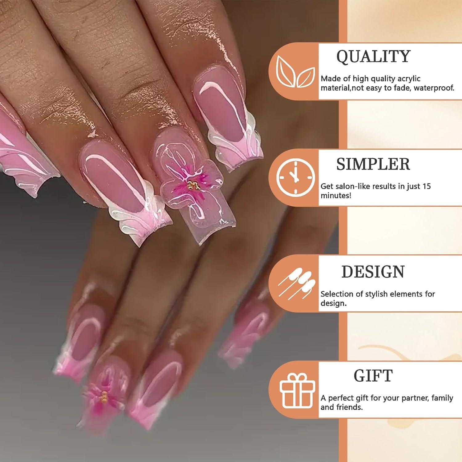 24 Stück Rosa Press on Nägel Mittel Quadratisch 3D Französische Falsche Nägel Herbst Winter Nagelkunst