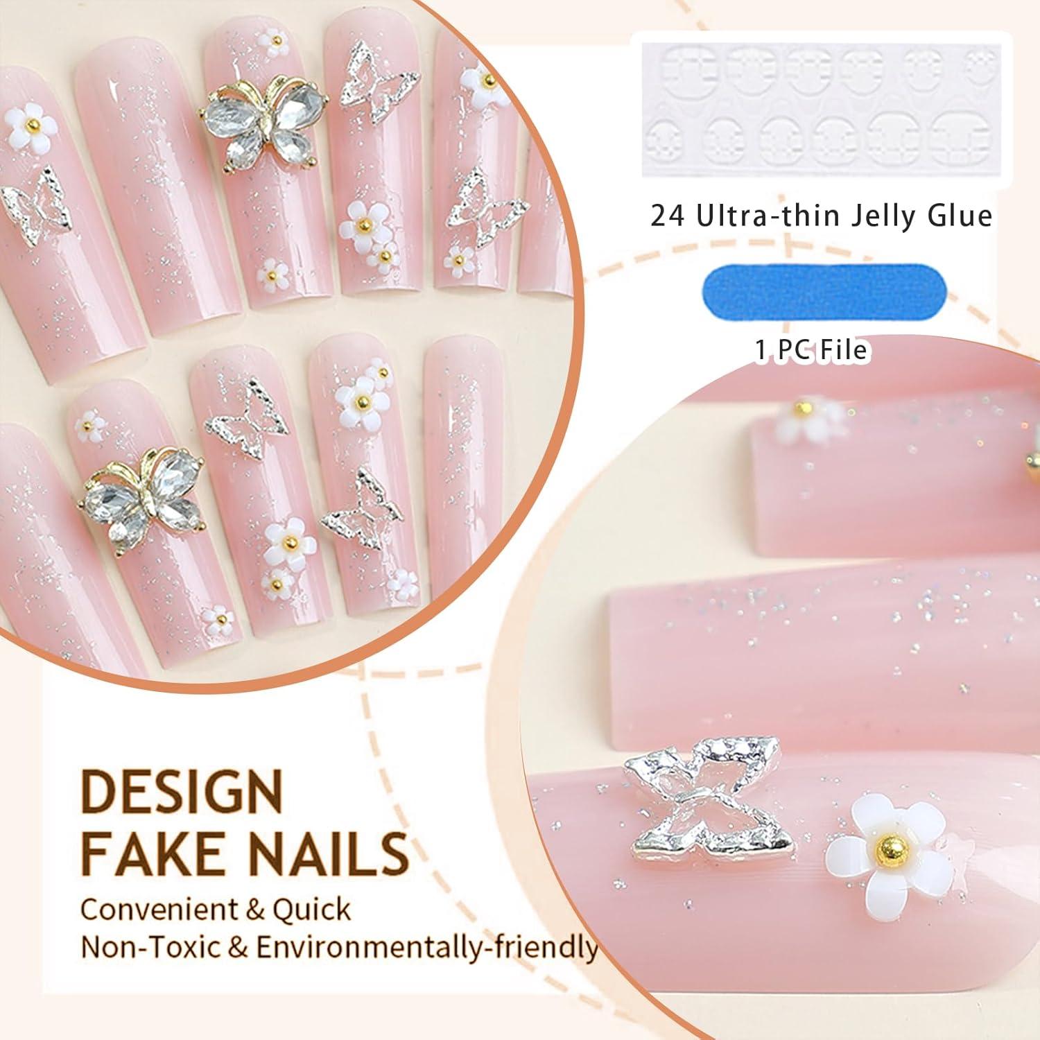 Rosa 3D Schmetterling Acrylnägel 24 Stück Glamourös Glitzer