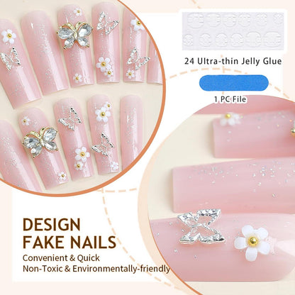 Rosa 3D Schmetterling Acrylnägel 24 Stück Glamourös Glitzer